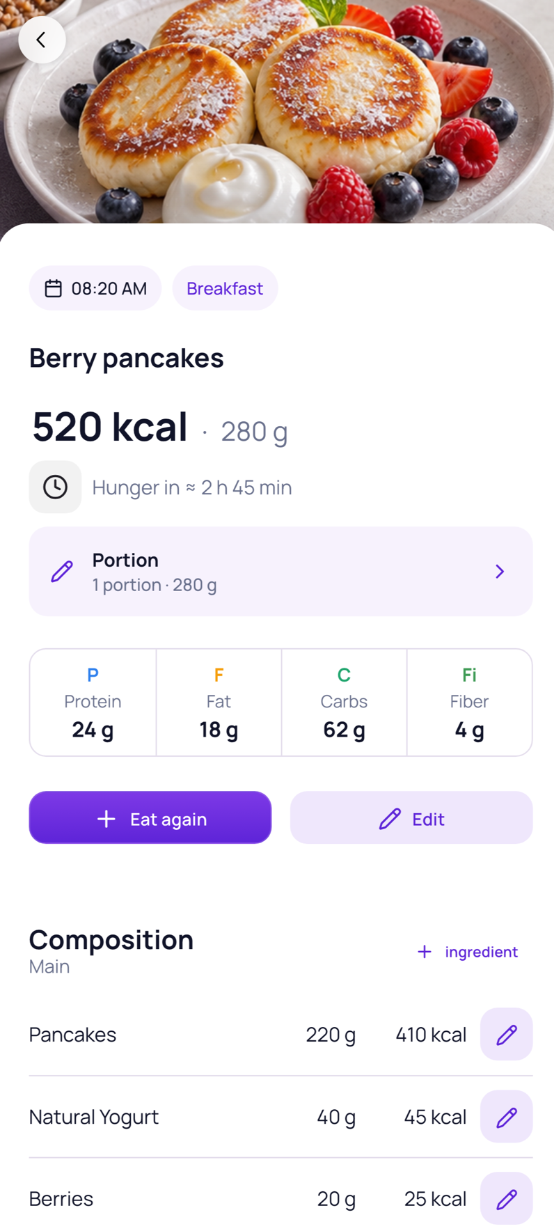 Syto screen with estimated calories, macros, and satiety for a meal