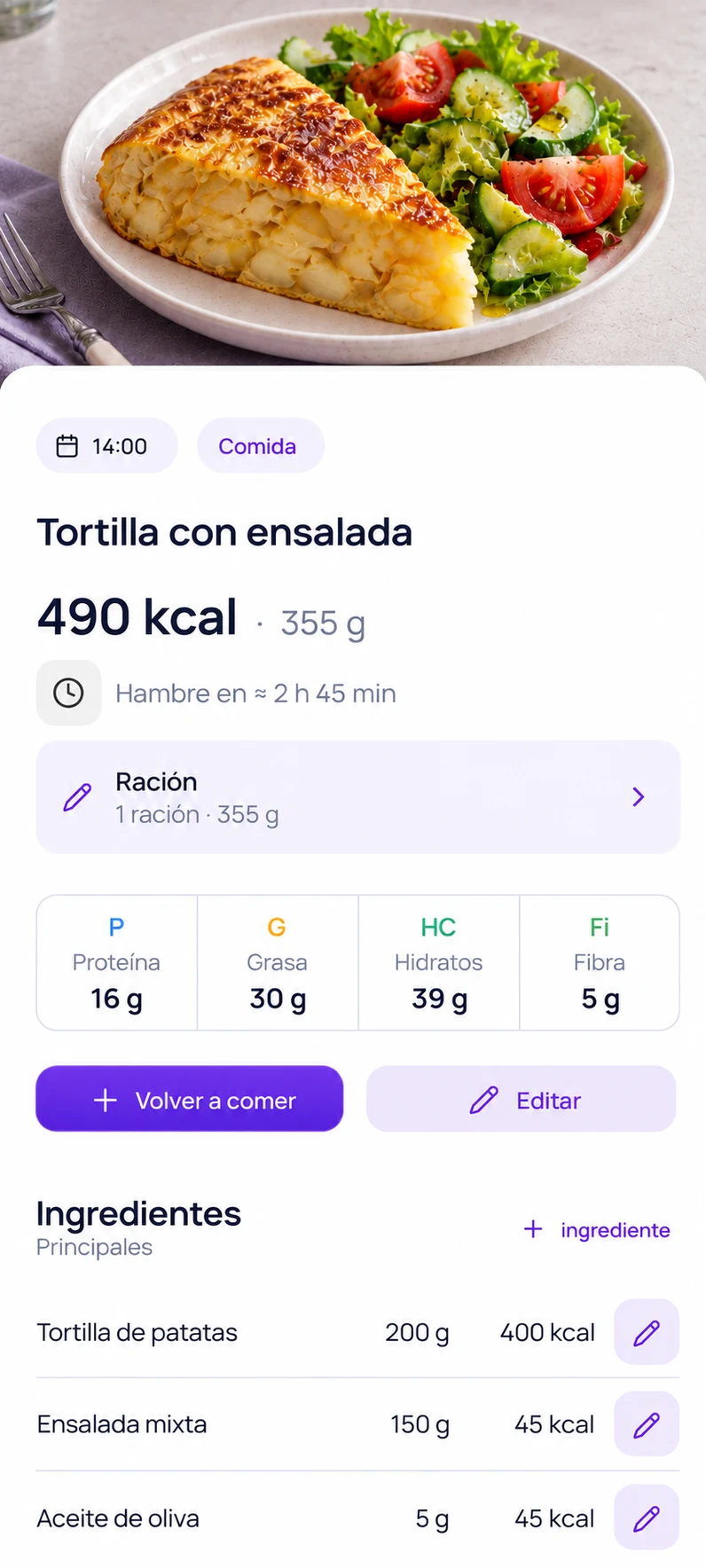 Tortilla de patatas con ensalada en Syto: 490 kcal estimadas e ingredientes