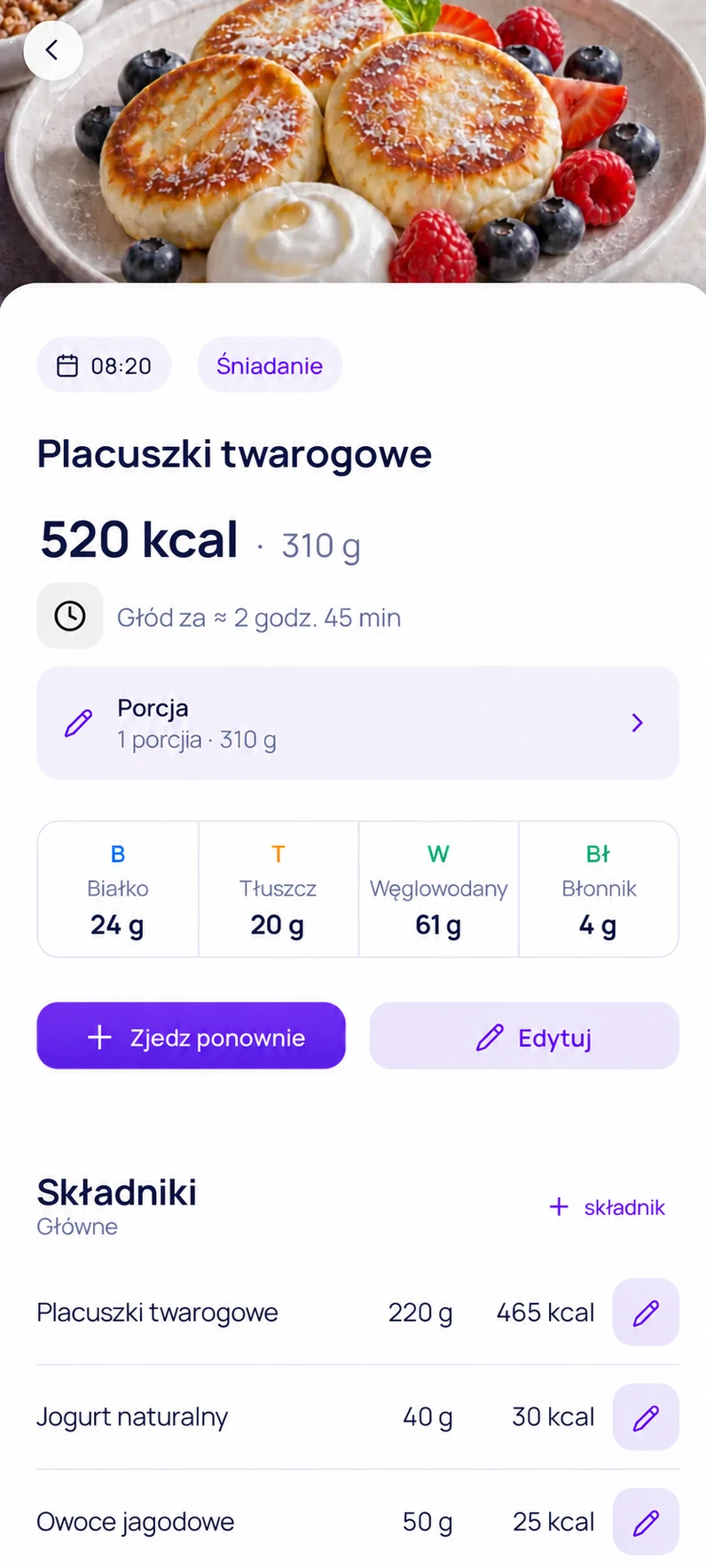 Placuszki twarogowe z jogurtem i owocami w Syto: około 520 kcal i składniki