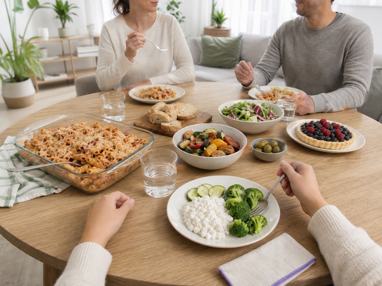 A woman eating separate diet food at a shared family table