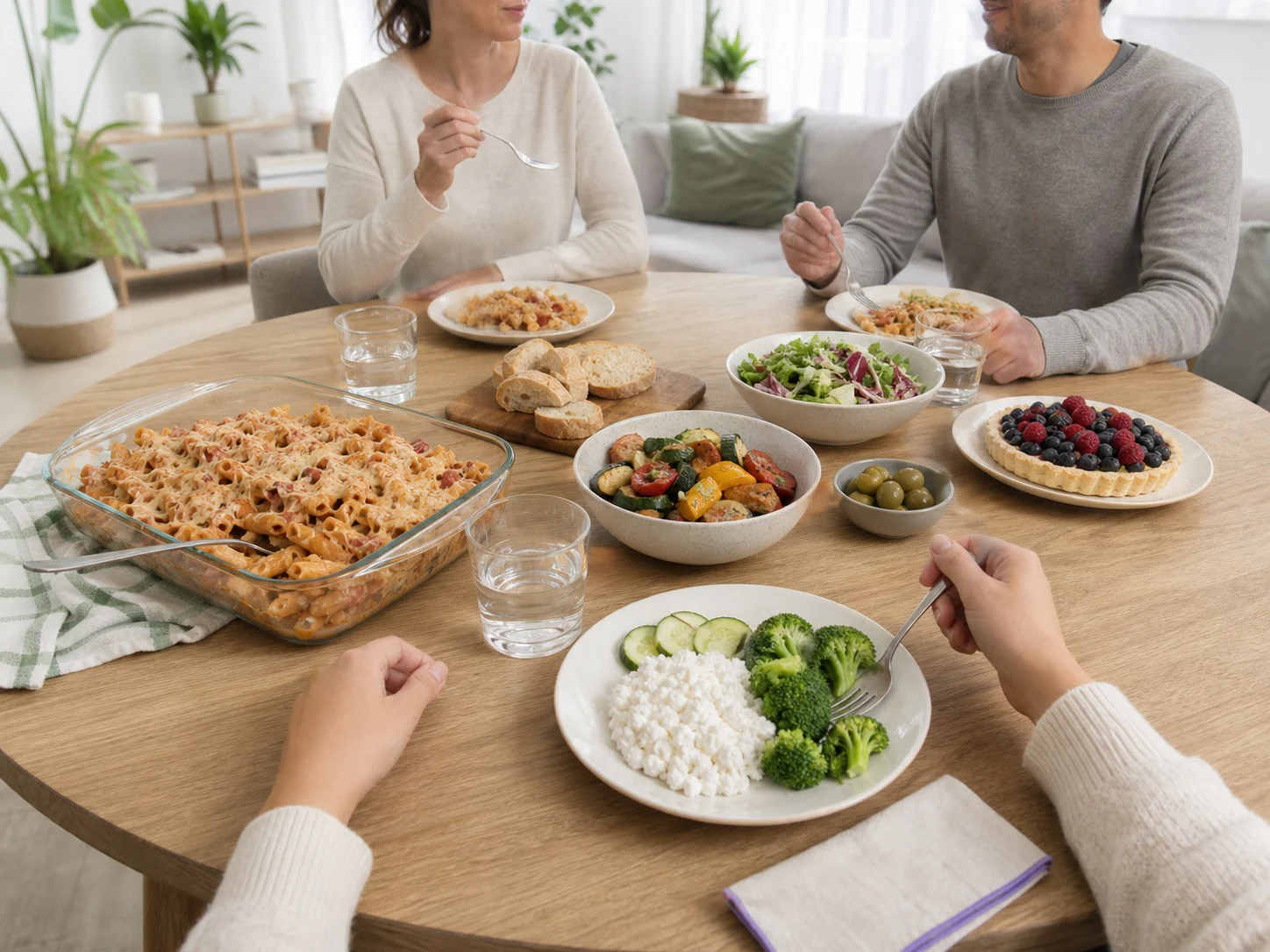A woman eating separate diet food at a shared family table
