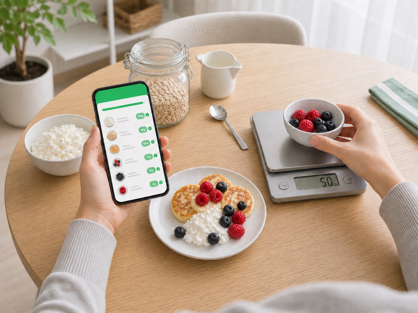 A woman weighing breakfast ingredients and entering them into a food diary