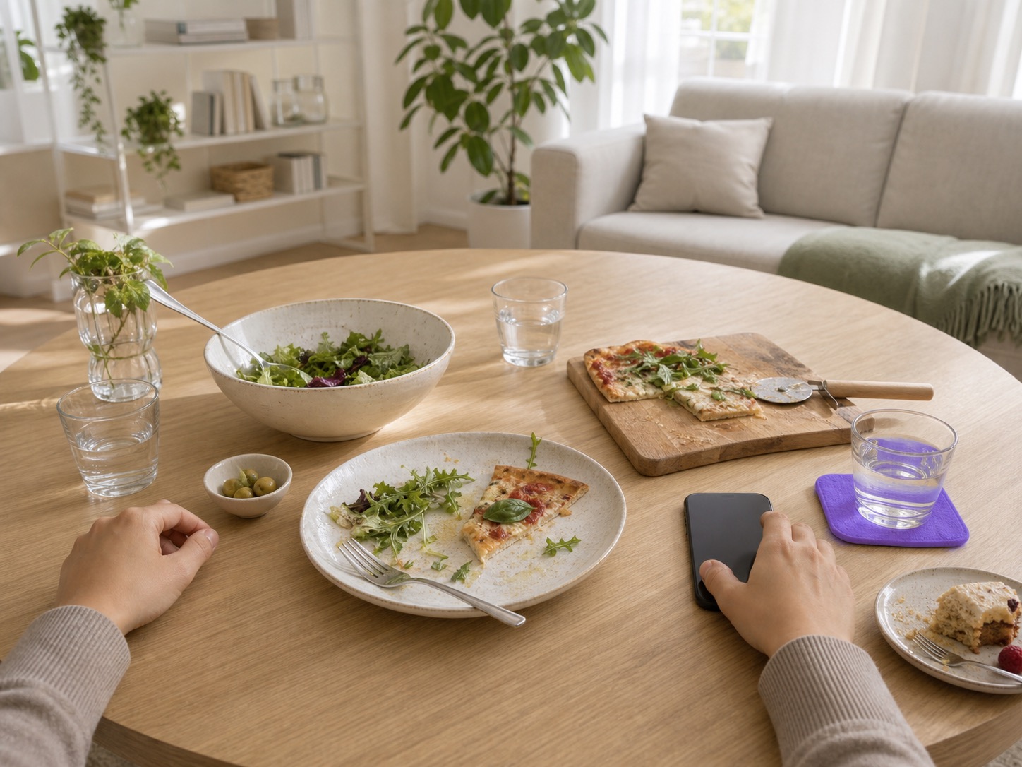 A woman putting aside her food diary after an ordinary dinner and dessert