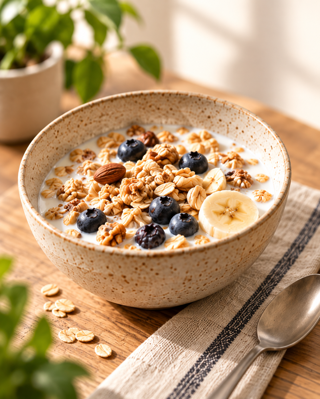 Cereal with milk, berries and banana on a kitchen table